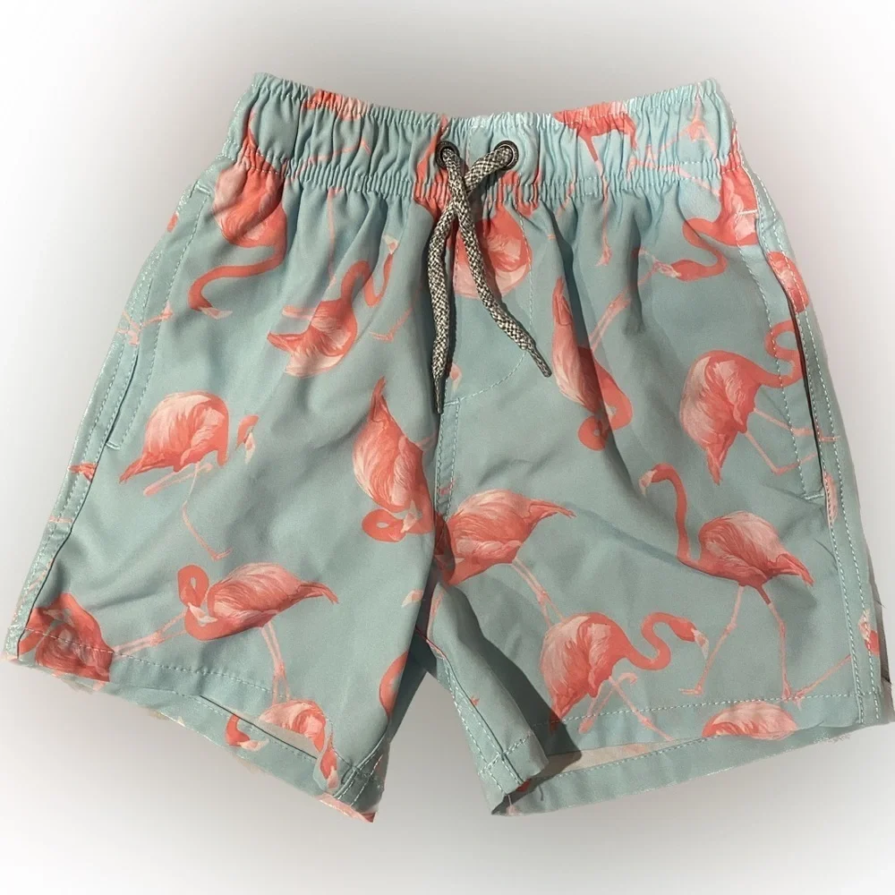 Boys Vintage Summer Swim Trunks w/ Flamingo